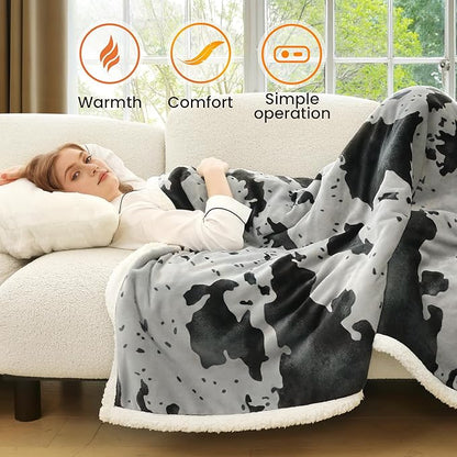 Heated Blanket Throw Blanket - Fast Heating Electric Blanket, Soft Flannel Heated Throw with 4 Time Settings,10 Heating Settings, Warm Gifts for Women & Mom & Grandma(50"x60"Cow Print Grey)