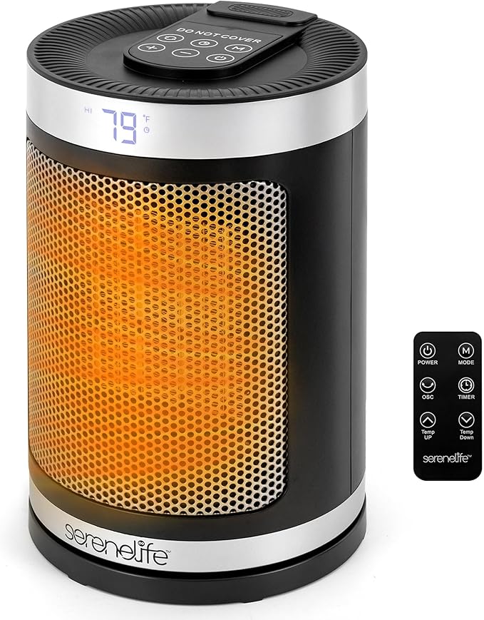 SereneLife Portable Space Heater – 1500W PTC Ceramic Electric Heater with Thermostat, Remote, 12-Hour Timer, 3 Heating Modes, Oscillation, Safe & Quiet for Home, Office, Bedroom (Black)