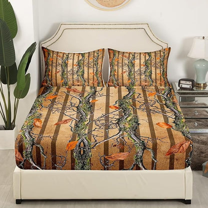 Tree Branches Kids Fitted Sheet Full Size,Wild Jungle Botanical Leaves Rustic Bedding Set,Boys Girls Room Decor,Hunter Cabin Geometric Stripes Bed Cover,Brown Bed Sheet,2 Pillowcases(No Top Sheet)