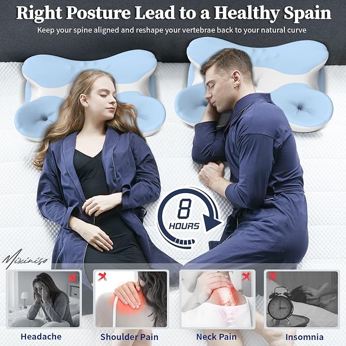 Memory Foam Cervical Pillow for Neck Pain Relief - Ergonomic Contour Pillow for Side, Back & Stomach Sleepers, Orthopedic Neck Support with Cooling Pillowcase