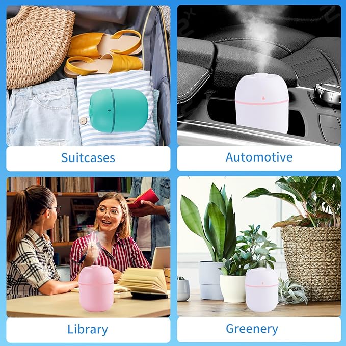 Portable Mini Humidifier Small Cool Mist Humidifier Personal Desktop USB Powered Super Quiet for Travel Car,Office,Baby Bedroom, Night Light, 2 Mist Modes, Auto Shut-off (blue)