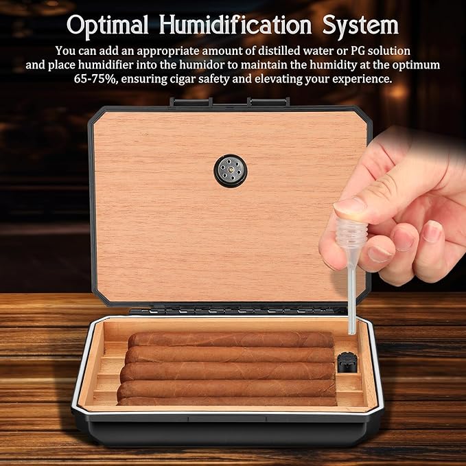 TISFA Cigar Humidor Set Travel Humidor Includes 2 Multifunctional Cutters, Hole Punch, Humidifier, Hygrometer, Portable Cedar Wood Lined Cigar Box Holder Case Gifts for Men (Black)