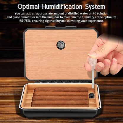 TISFA Cigar Humidor Set Travel Humidor Includes 2 Multifunctional Cutters, Hole Punch, Humidifier, Hygrometer, Portable Cedar Wood Lined Cigar Box Holder Case Gifts for Men (Black)