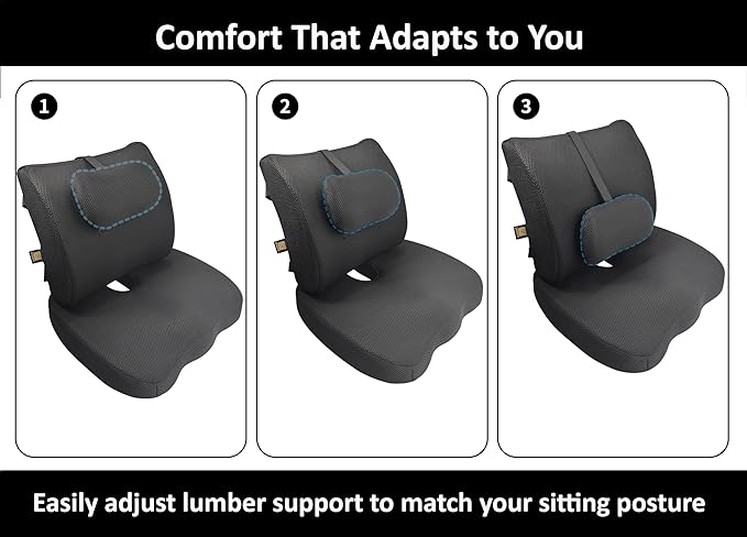 GESQUARE 3-Piece Memory Foam Seat Cushion & Lumbar Support Pillows Set – Adjustable Back Support for Office, Car & Gaming Chairs – Tailbone & Coccyx Comfort for Long Sitting.
