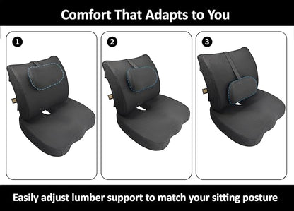 GESQUARE 3-Piece Memory Foam Seat Cushion & Lumbar Support Pillows Set – Adjustable Back Support for Office, Car & Gaming Chairs – Tailbone & Coccyx Comfort for Long Sitting.
