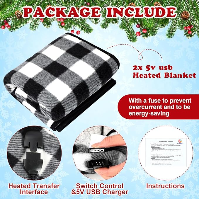 Tuanse 2 Pcs USB Heated Blanket 25"x35" Small Portable 5v 3 Setting Electric Blanket with Timer and Temperature Controller Winter Wearable Recharge Throw for Travel Home(Single Black and White Plaid)