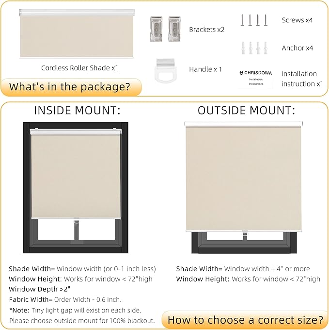 ChrisDowa Cordless Blackout Roller Shades for Windows, Thermal Insulated UV Protection Pull Down Shades, Total Blackout Window Blinds for Home, Office, Bedroom, Door (47" W x 72" H, Beige)