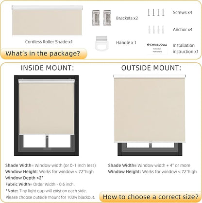 ChrisDowa Cordless Blackout Roller Shades for Windows, Thermal Insulated UV Protection Pull Down Shades, Total Blackout Window Blinds for Home, Office, Bedroom, Door (71" W x 72" H, Beige)