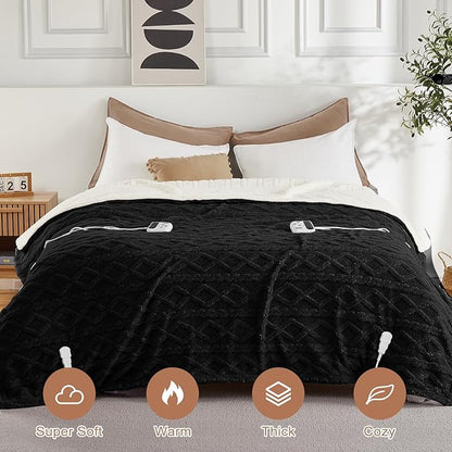 CAROMIO Electric Blanket King Size Dual Control - Thick Tufted Sherpa Heated Blanket King with 10 Heating Levels and 10 Time Settings, ETL Certified Fast Heating Blanket King Size 90"×100", Black