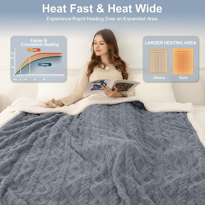 Twin Heated Blanket 62"X84" Blue - Soft Thick Warm Sherpa Electric Blanket for Winter with 5 Fast Heating Levels & 10hrs Auto Off for Women, Washable & Overheat Protection for Office Couch