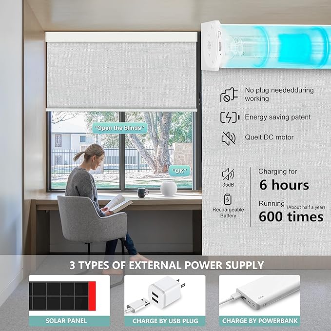 Aprilsmart Motorized Blinds with Remote,Compatible with Apple HomeKit Alexa Google Home- Voice and app Control,Motorized Roller Shades 100% Blackout Custom Size(Westray Blanc-04)