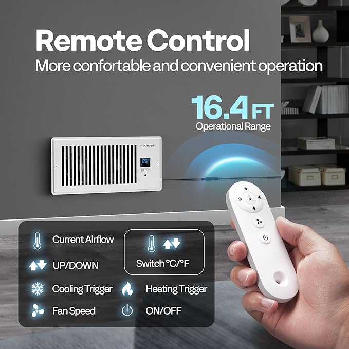 VIVOHOME 4"x10" Opening Smart Vent Register Booster Fan with Intelligent Thermostat & 10-Speed Remote Control - 11.4" x 5.5‘’ Vent Cover for Room, Floor, Wall - White