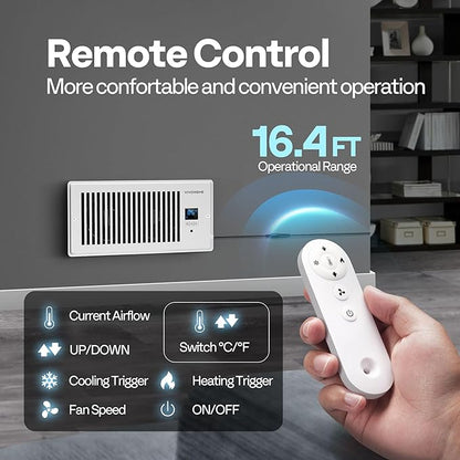 VIVOHOME 4"x10" Opening Smart Vent Register Booster Fan with Intelligent Thermostat & 10-Speed Remote Control - 11.4" x 5.5‘’ Vent Cover for Room, Floor, Wall - White