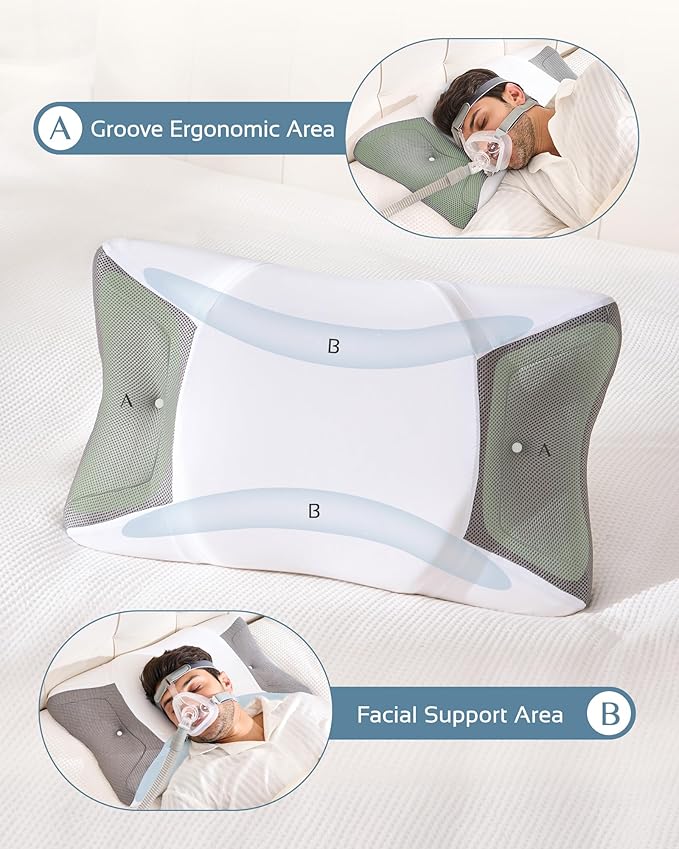 CPAP Pillow for Side Sleeping, Sleep Apnea Pillow for All CPAP Masks Users to Reduce Air Leaks & Masks Pressure, Memory Foam Pillow with Cooling & Breathable Pillowcase for Side Back Sleeper