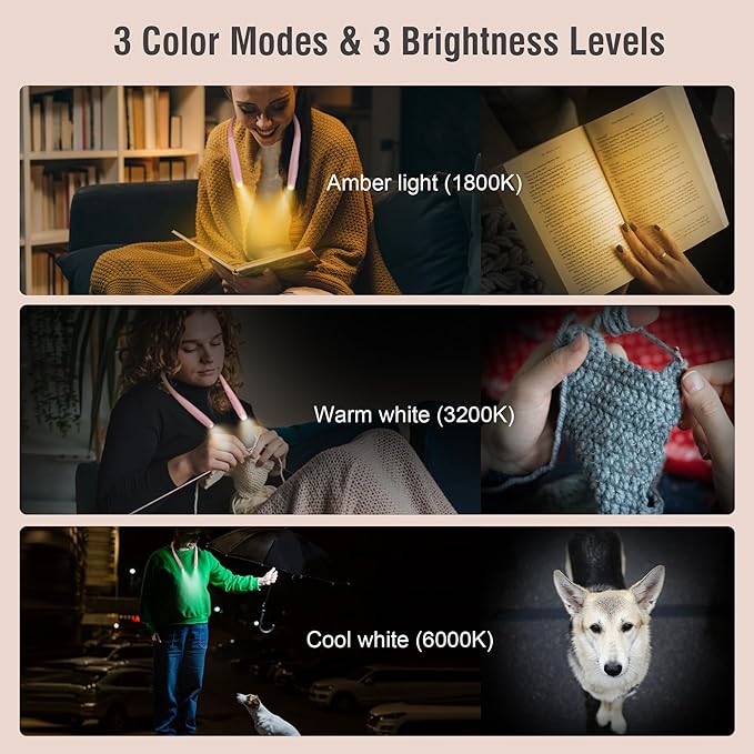LED Neck Book Light Reading Lamp USB Rechargeable, Lighter Weight,Hands Free, Each 3 Colors with 3 Brightness, 80-hr Lasting Rechargeable Lamp,Perfect for Reading in Bed(Sakura Pink)
