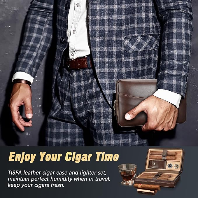 TISFA Cigar Humidor, Leather Cigar Case with Cigar Lighter, Cigar Cutter V Cut, Cigar Stand 3 in 1, Portable Travel Humidor with Humidifier, Cigar Gift Cedar Wood Cigar Box (Dark Brown)