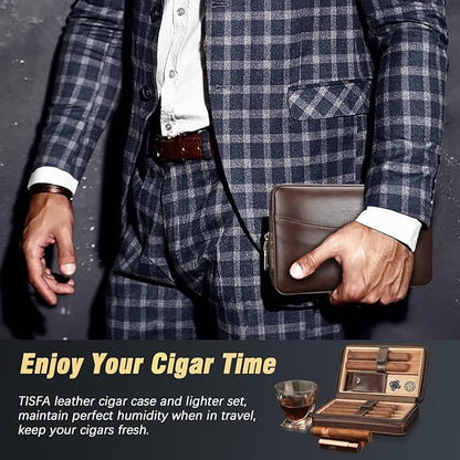 TISFA Cigar Humidor, Leather Cigar Case with Cigar Lighter, Cigar Cutter V Cut, Cigar Stand 3 in 1, Portable Travel Humidor with Humidifier, Cigar Gift Cedar Wood Cigar Box (Dark Brown)