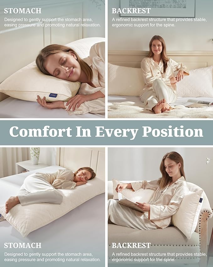 YZ HOME Long Body Pillow for Adults - Firm Body Pillow Insert with Shredded White Memory Foam, Adjustable Height, Soft Support for Side Sleeping, Pregnant Women, Washable (Beige, 20x54 Inch)