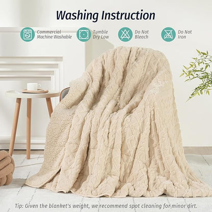 Wemore Weighted Blanket for Adults Twin Size 15 lbs, Dual Sided Soft Fuzzy Jacquard Sherpa Weighted Blankets for Sleeping, Cozy Fluffy Knitted Heavy Blanket for Couch Bed, Khaki, 48 x 72 inches