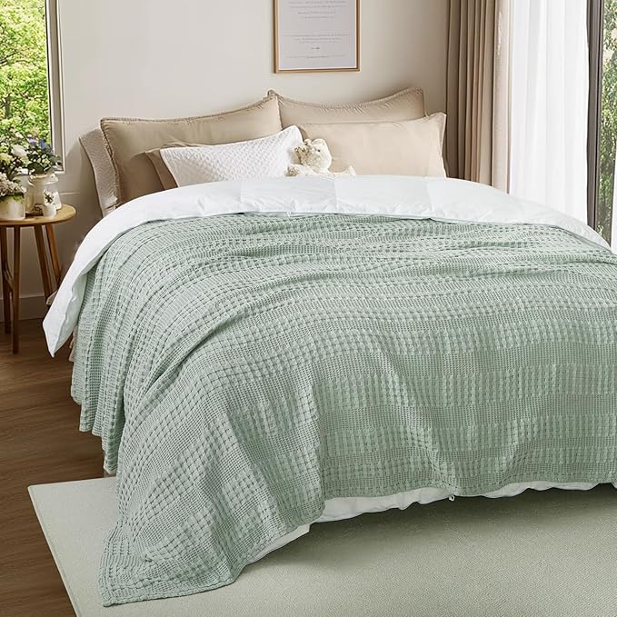 Cooling Waffle Weave Blanket Twin Size for Bed Sofa - Soft Lightweight Bed Blankets of 50% Rayon Derived from Bamboo for Hot Sleepers, Sage Green Breathable Throw for Summer, 60"x80"