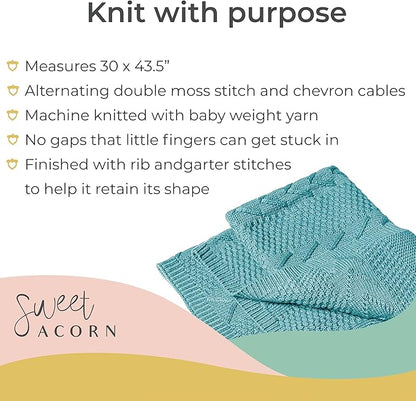 Knit Baby Blanket in Cable Pattern, Organic Cotton Blankets for Crib or Stroller, Receiving Blankets - Ocean Teal