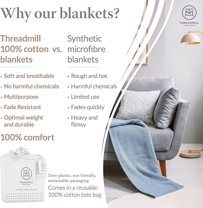 Threadmill Luxury Cotton Blankets for Queen Size Bed | All-Season 100% Cotton Queen Size Blanket | Herringbone Cozy, Soft Breathable Fall Thermal Blanket fits Full Size Bed | Scottish Grey