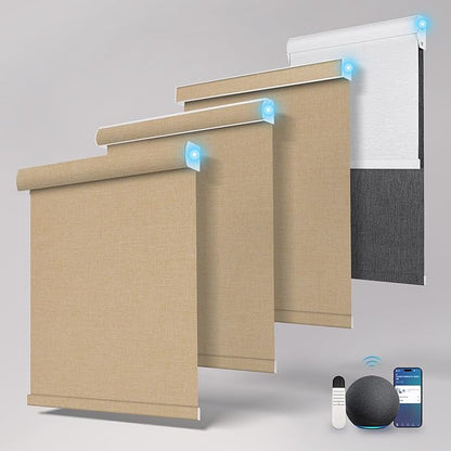 BERISSA Motorized Blinds with Remote,Blackout Smart Roller Shades with App,Voice Control,Linen Fabric,Thermal Insulated Automatic Blinds,Electric Shades with USB/Solar Pannel.Linen Beige