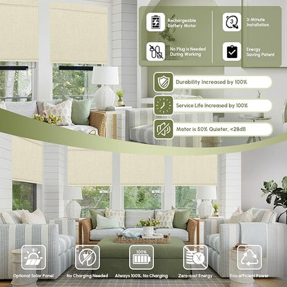 FineTell Motorized Blinds with Remote, 100% Blackout Roller Shades Compatible with Alexa,Apple Homekit,Google Home APP and Voice Control, Customized Electric Blinds (100% Blackout Dual Sided Beige)