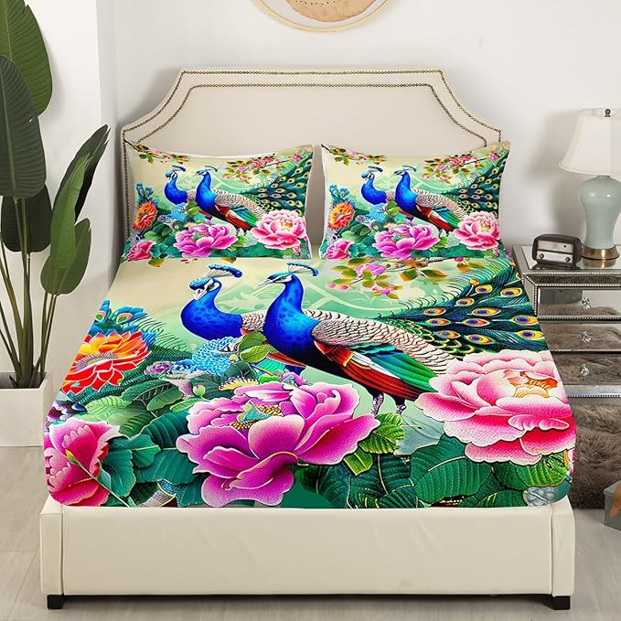 Peacock Sheet Queen,Elegant Gorgeous Blue Feather Bedding Set for Teens Girls Woman Room Decor,Pink Flower Animal Theme Bed Sheet Set 4pcs with Deep Pocket Fitted Sheet + Flat Sheet + 2 Pillowcases