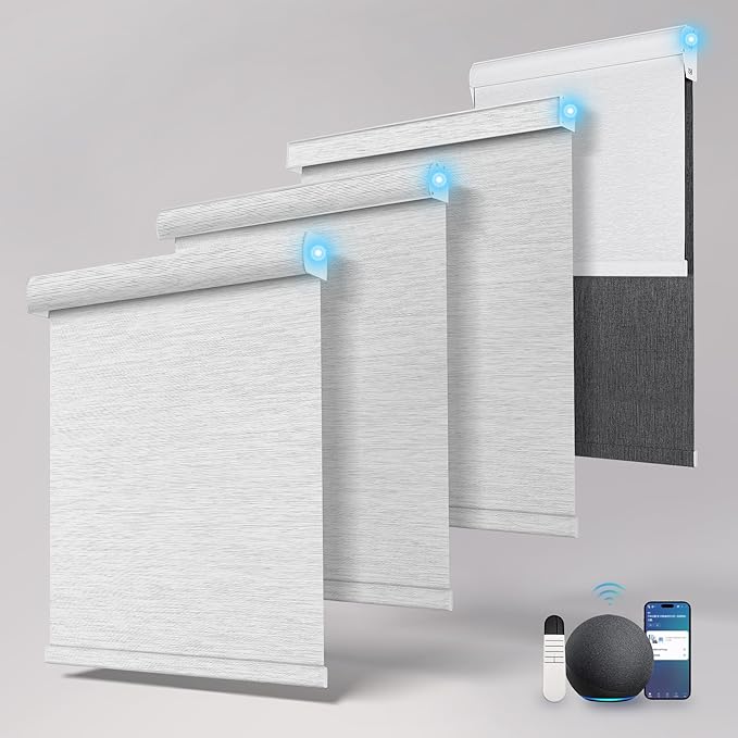 Motorized Blinds with Remote,Blackout Smart Roller Shades with App,Voice Control,Jacquard Fabric,Thermal Insulated Automatic Blinds,Electric Shades with USB/Solar Pannel.Jacquard Black White