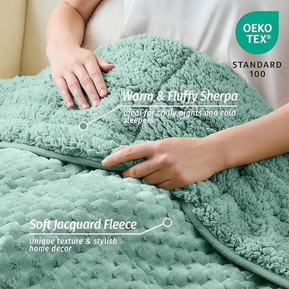 Wemore Fleece Weighted Blanket for Adults (60" x 80" 15lbs, Green), Dual Sided Cozy Soft Sherpa Heavy Blanket, 3D Imitation Turtle Shell Warm Jacquard Flannel Weighted Blankets for Couch and Bed