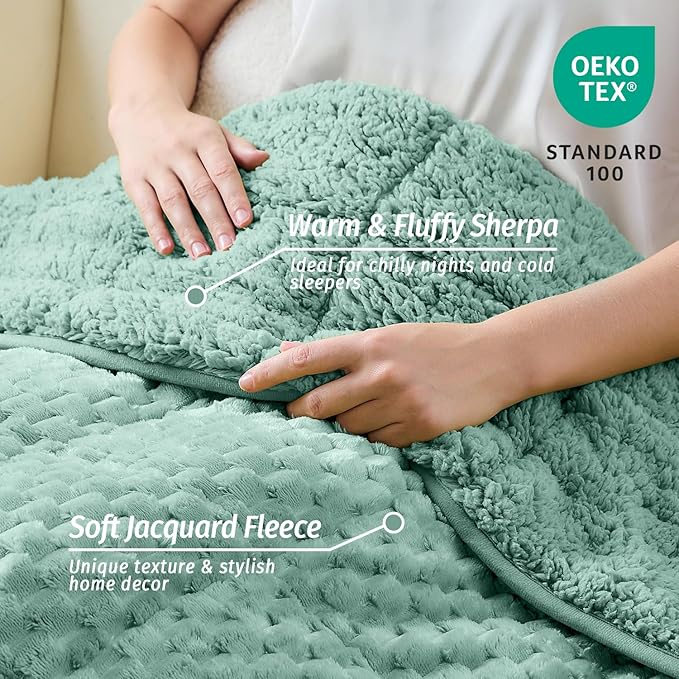 Wemore Fleece Weighted Blanket for Adults (80" x 87" 15lbs, Green), Dual Sided Cozy Soft Sherpa Heavy Blanket, 3D Imitation Turtle Shell Warm Jacquard Flannel Weighted Blankets for Couch and Bed