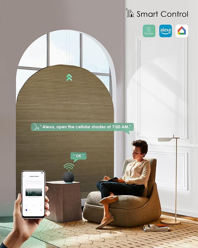 Yoolax Smart Cellular Shades, Motorized Elongated Arch Honeycomb Blinds Motorized Blinds with Remote Compatible with Alexa, Customized Elongated Arch Cellular Shades (Blackout Light Coffee)