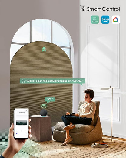 Yoolax Smart Cellular Shades, Motorized Elongated Arch Honeycomb Blinds Motorized Blinds with Remote Compatible with Alexa, Customized Elongated Arch Cellular Shades (Blackout Light Coffee)