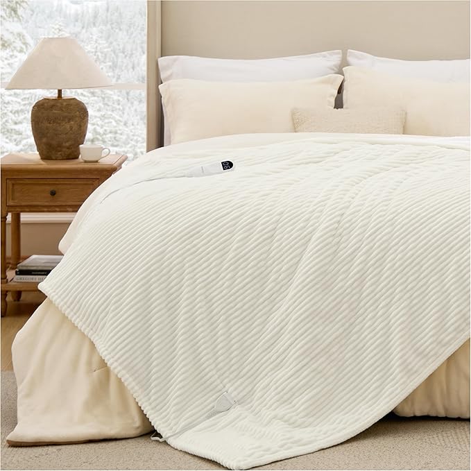 Bedsure GentleSoft Electric Blanket Full Size - Soft Ribbed Flannel Heated Blanket with 6 Heat Settings, Heating with 10 Time Settings, 8 hrs Timer Auto Shut Off (72x84 inches, Coconut White)