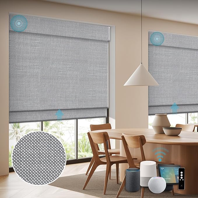 SmartWings Motorized Wood Blinds for Windows, Smart Wooven Shades Blackout/Light fitlering with Remote for Sliding Doors, Work with Matter Homekit Zigbee Alexa Z-Wave Google, Customized, Bamboo 723