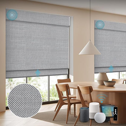 SmartWings Motorized Wood Blinds for Windows, Smart Wooven Shades Blackout/Light fitlering with Remote for Sliding Doors, Work with Matter Homekit Zigbee Alexa Z-Wave Google, Customized, Bamboo 723
