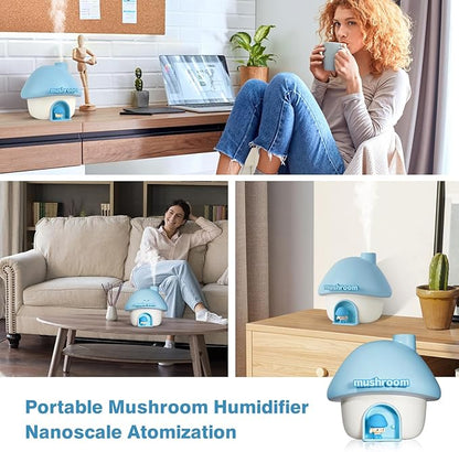 Cute Mushroom House Humidifier, 300ml Small Cool Mist Humidifers, USB Rechargeable Mini Portable Air Humidifer with Night Light for Bedroom, Office, Car, Travel, Indoor Plants (Blue)