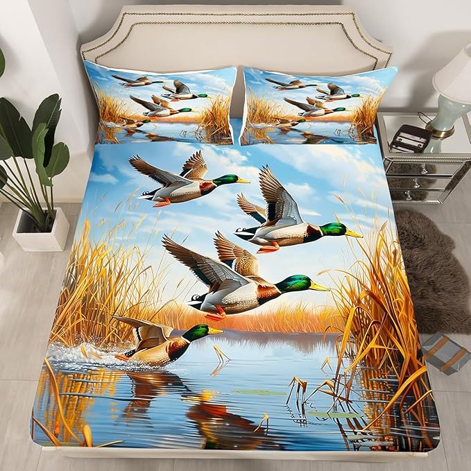 Mallard Duck Kids Fitted Sheet Queen Size,Hunting Fishing Cabin Farmhouse Bedding Set,Boys Girls Room Decor,Wild Bird Rustic Animal Bed Cover,Blue Yellow Bed Sheet,2 Pillowcases
