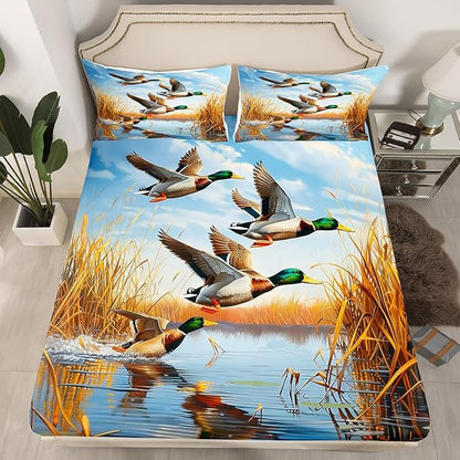 Mallard Duck Kids Fitted Sheet Queen Size,Hunting Fishing Cabin Farmhouse Bedding Set,Boys Girls Room Decor,Wild Bird Rustic Animal Bed Cover,Blue Yellow Bed Sheet,2 Pillowcases