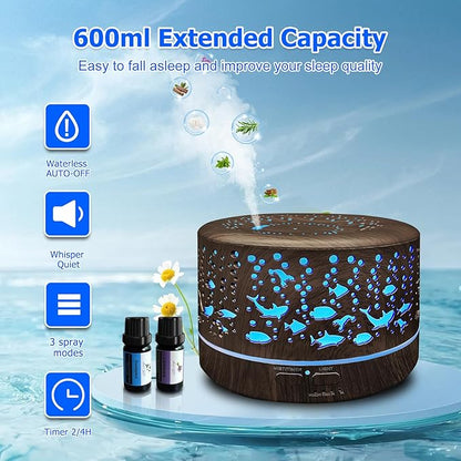 Diffusers for Essential Oils Large Room with R/C,600ml Essential Oil Diffusers for Home,Waterless Auto Off 7 Colors Changed 3 Mist Modes,Cool Mist Humidifiers for House Bedroom Decor,Gifts,Dark Wood