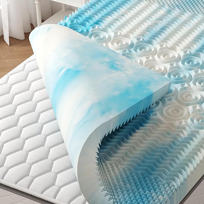 NEWBULIG King Memory Foam Mattress Topper, 2 Inch 5-Zone Egg Crate Foam Mattress Topper Pad, Cooling Gel Infused Bed Toppers for Pressure Relief, CertiPUR-US Certified, Blue