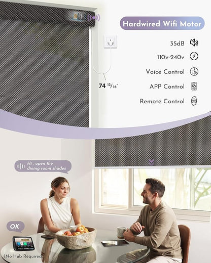 Graywind Motorized Roller Shades Compatible with Alexa Google Hardwired WiFi Smart Light Filtering Blind Remote Automated Blinds Electric Window Shade, Custom Size (5% Openness Rock Black)