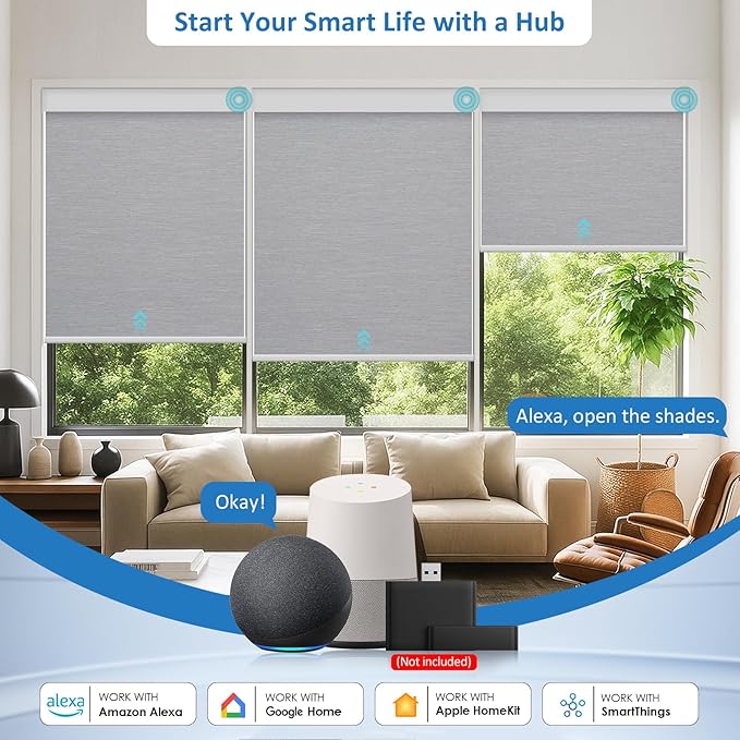 Smart Motorized Blinds with Remote, Cordless No-Drill Automatic Roller Shades, Blackout Electric Blind for Windows, Grey, 39 x 72
