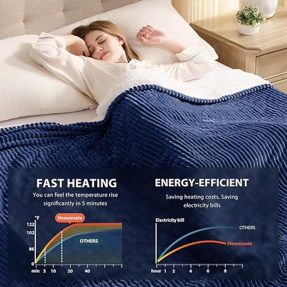 Homemate Electric Heated Blanket King Size - 100"x90" Heating Blanket King Size Dual Control 1/2/4/6/8 Hours Auto-Off 10 Heat Level Over-Heat Protection Soft Flannel Sherpa ETL Certification