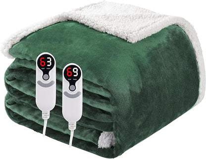 Electric Heated Blanket Queen Size 84"x90", Soft Flannel with Dual Controllers & Overheat Protection, 9 Adjustable Heat Settings & 10-Hour Auto-Off Timer, Fast Heating for Winter Comfort, Dark Green