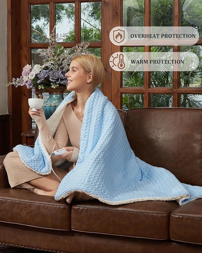 CAROMIO Heated Blanket Twin Size, Waffle Weave Electric Throw Blanket Fast Heating with LCD Controller, 10 Heat Levels & 1-12H Time Settings Auto Off, ETL Certified, Light Blue, 62" x 84"