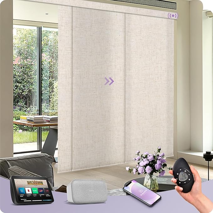 Graywind Motorized Sliding Panels Light Filtering Compatible with Alexa Google Smart Panel Track Blinds Remote Control for Patio Sliding Door (Dimout Linen Beige)