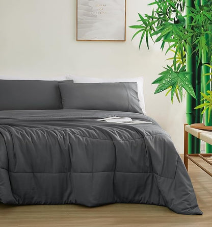 Natural Bamboo Viscose Comforter Set Queen Size 3 Pieces, All-Season Soft Breathable Moisture-Wicking Quilt with Matching Pillowcases, Machine Washable, Quilted Fluffy Comforter (Dark Grey)