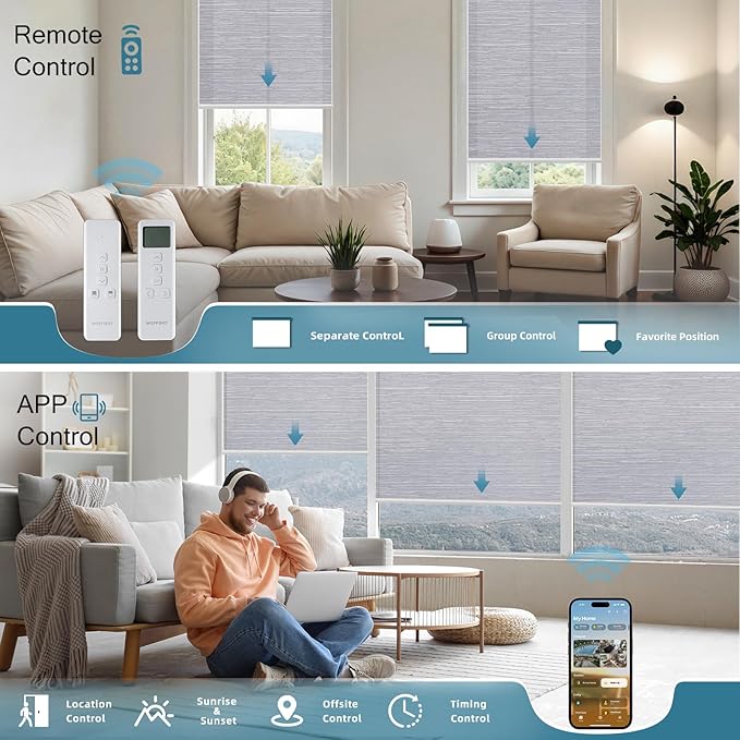 Motorized Shades Compatible with Alexa,Google Asssitant,Homekit Over Thead,70% Blackout Light Filtering Blinds,Smart Shades with Remote, APP/Voice Control,Essential Grey(Classic Grey)